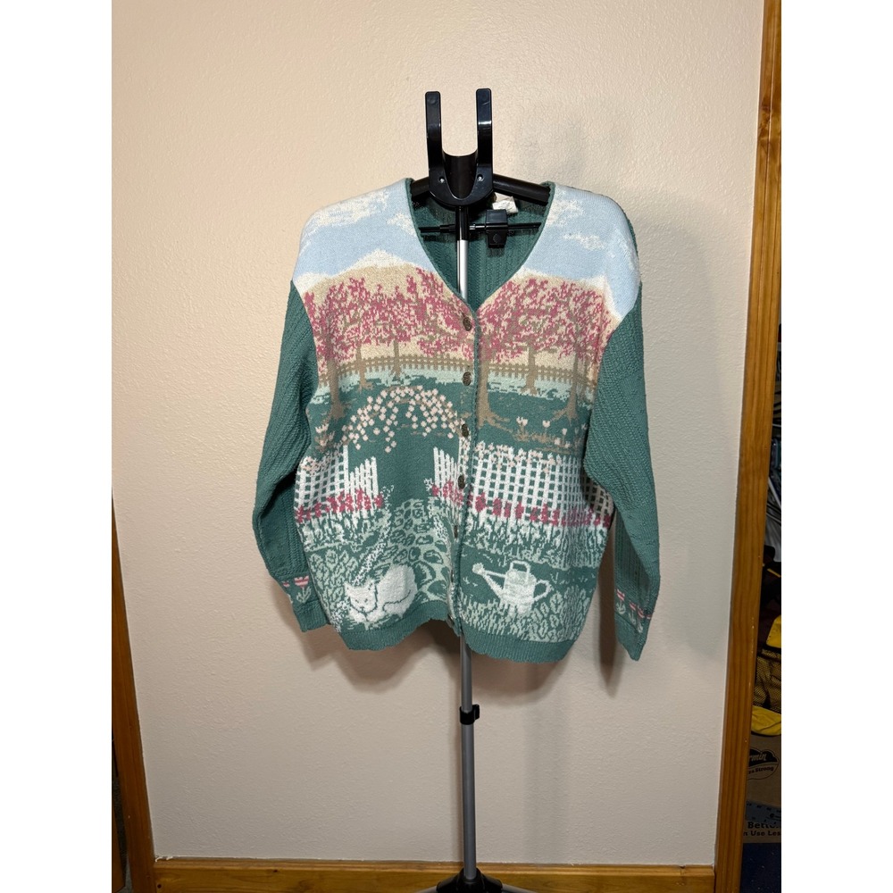 Northern Reflections Parkhurst Vintage Garden Cat Cardigan Sweater Green XL